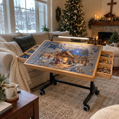 Amen Puzzles rolling puzzle table in a cozy living room