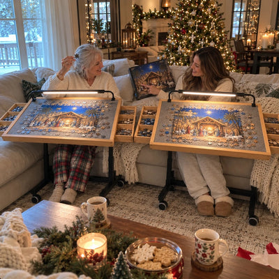 Mother and daughter each with their own puzzle table