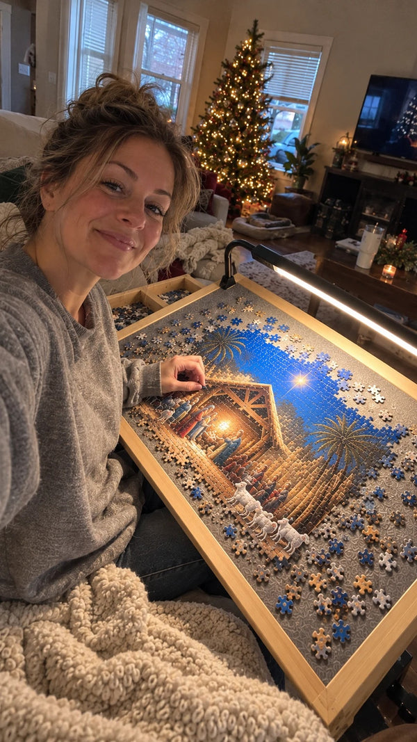 Customer selfie with her puzzle table